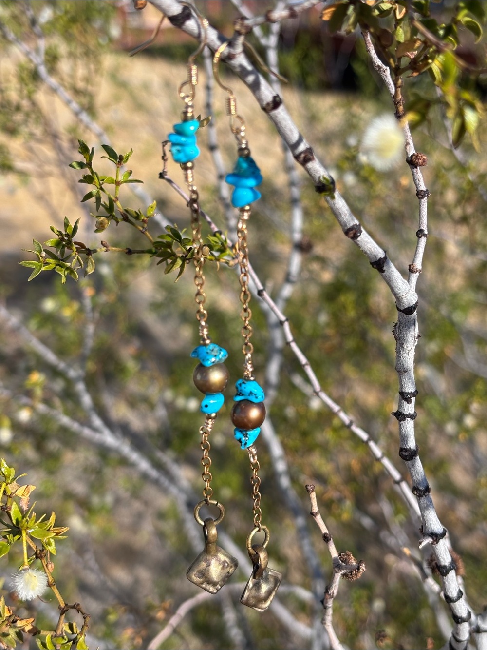 Handmade Vintage Genuine Arizona Kingman Turquoise and Pearl Dangle Earrings